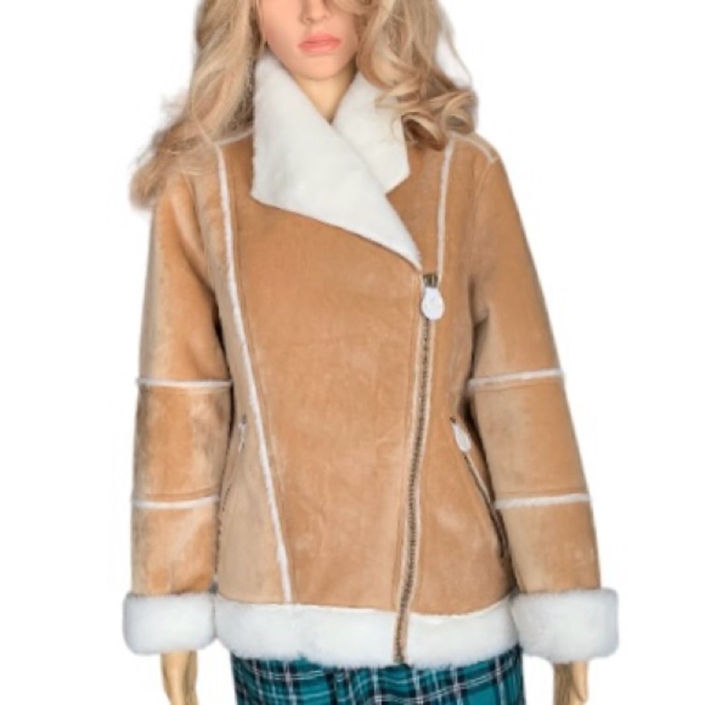 LANDSEND Womens Petite Faux Sheepskin Shearling Warm Winter Fleece Moto Jacket - Picture 1 of 11